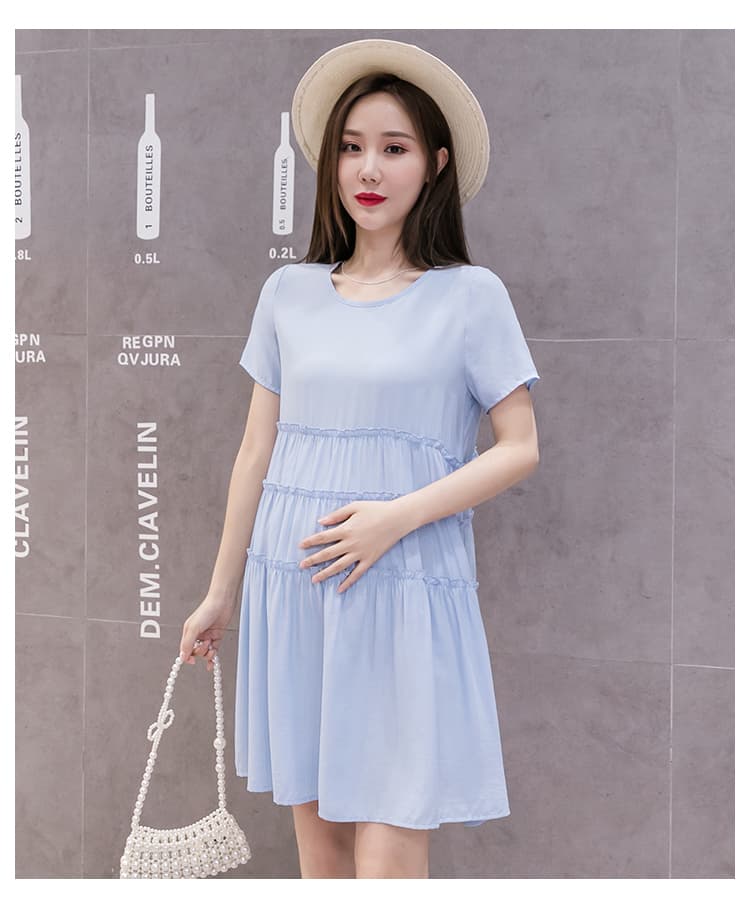 실사 패션 여름 드레스 임산부 작은 키 드레스 부드럽다 주간 실크 코튼 여름 치마 라운드 넥 프릴 치마 상세 이미지 20