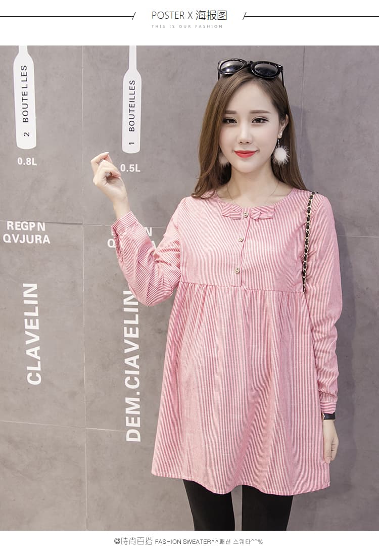 실사 패션 가을 의상 임산부 맞춤 섹션 스트라이프 나비 매듭 중간 길이 드레스 트렌디 엄마 사계절 섹션 셔츠 상세 이미지 17