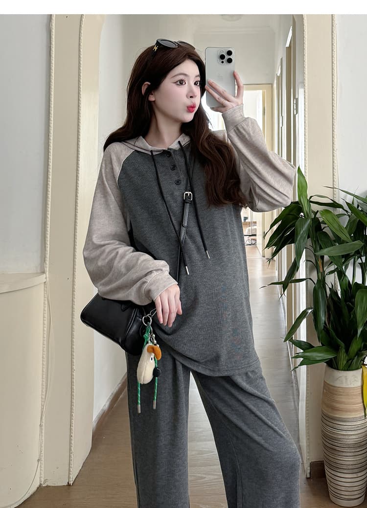 실사 임산부 가을 겨울철 털이 있는 새로운 양 플러시 느긋한 바람 후드 맨위 슬림해 보이는 캐주얼 와이드 레그 팬츠 세트 상세 이미지 27