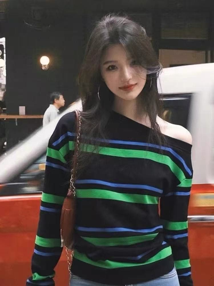 한 부서 비스듬한 어깨 스트라이프 티셔츠 여성 봄 가을 느긋한 바람 느슨함 센스 작은 대중 아니요 명중 섹션 고유 한 슈퍼 잘 생긴 맨위 상세 이미지 1