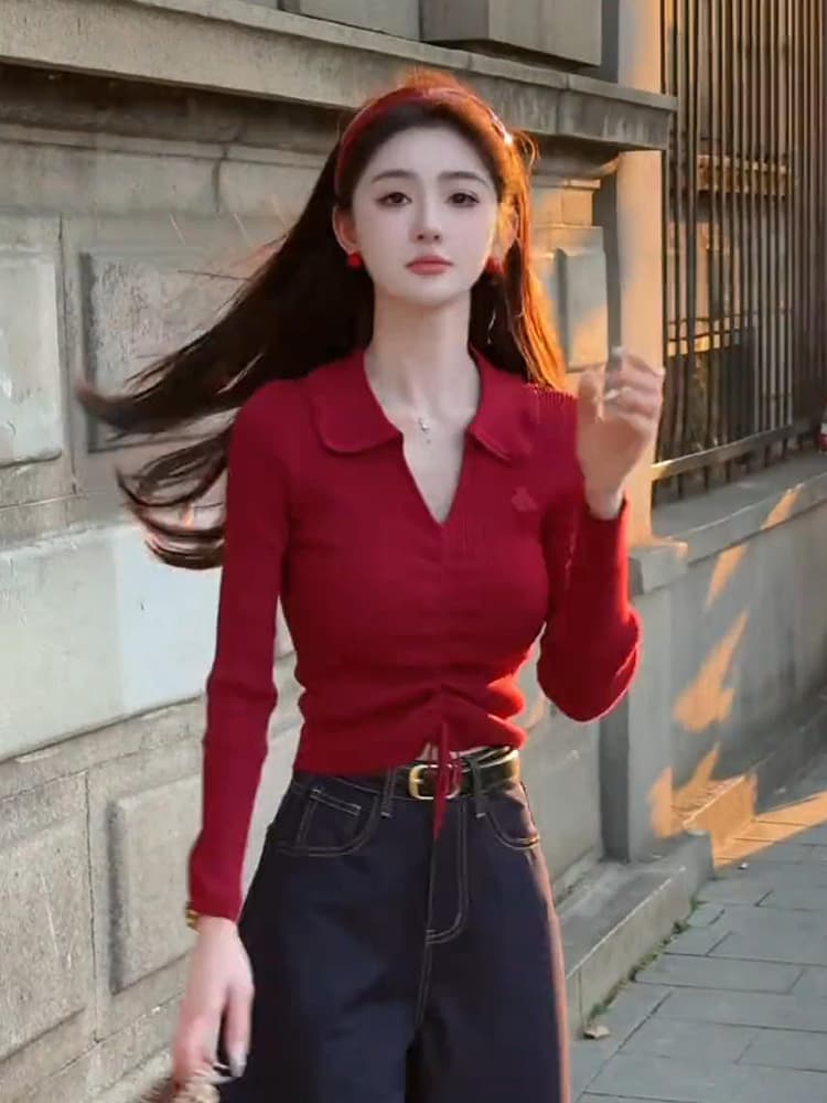 가을 의상 빨간색 니트 스웨터 쇼트 스타일 가을 긴팔 스웨터 2025 년 가을 겨울 새로운 이른 가을 고급 맨위 여성 의류 상세 이미지 6