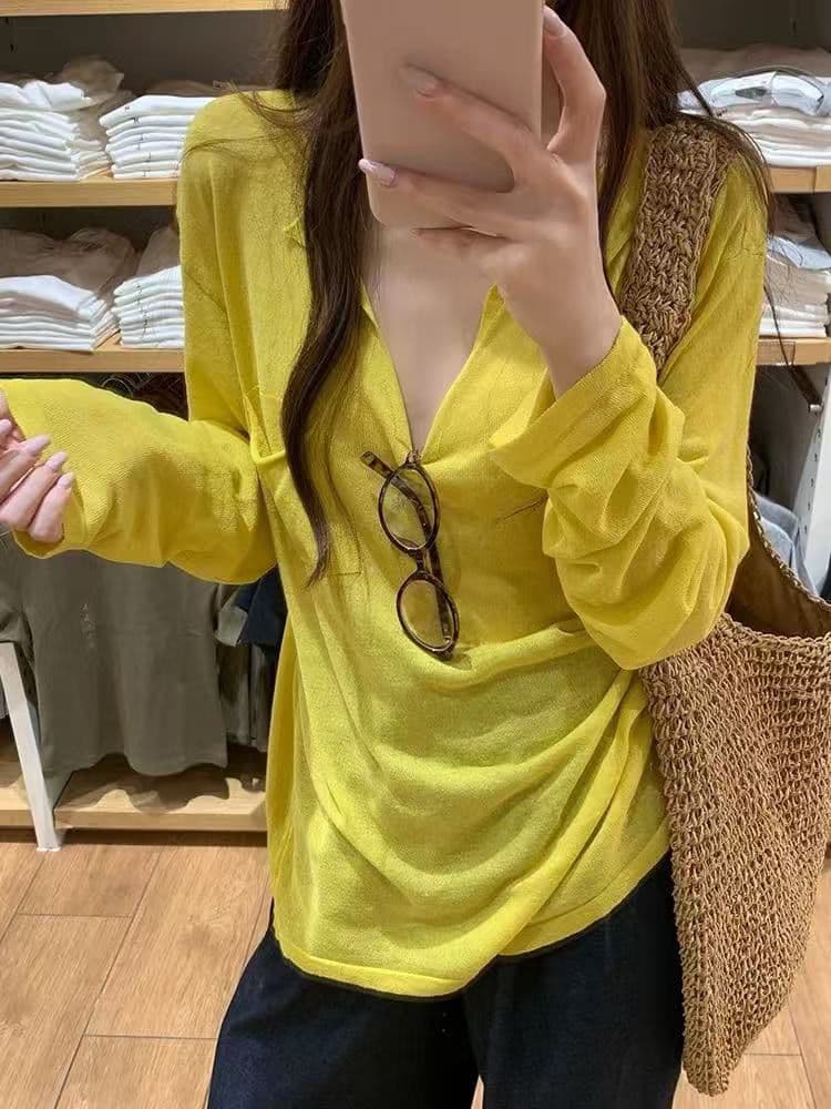 한 부서 황색 V넥 얼음 실크 긴팔 자외선 차단 티셔츠 블라우스 여성 여름 여름 외부 가져 가라. 루즈핏 Tulle 맨위 에어컨 셔츠 이미지 2