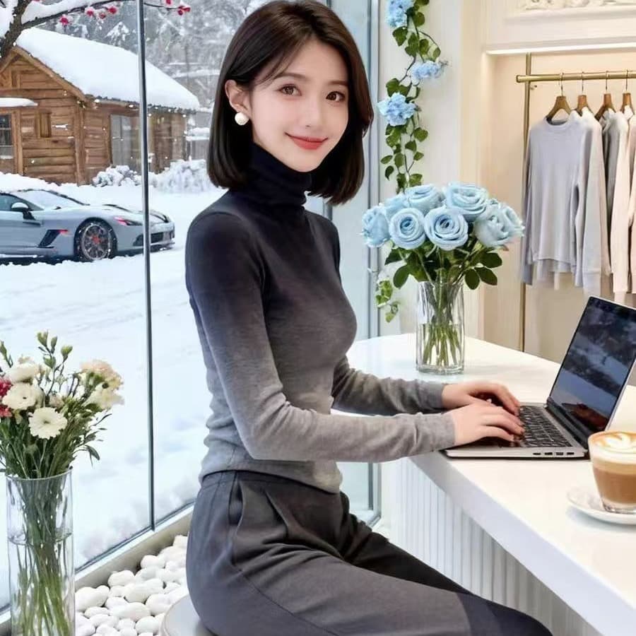 회색 그라데이션 터틀넥 니트 스웨터 여성 2025 가을 겨울철 새로운 작은 대중 디자인 센스 몸매 가꾸기 캐주얼 바지 세트 상세 이미지 5
