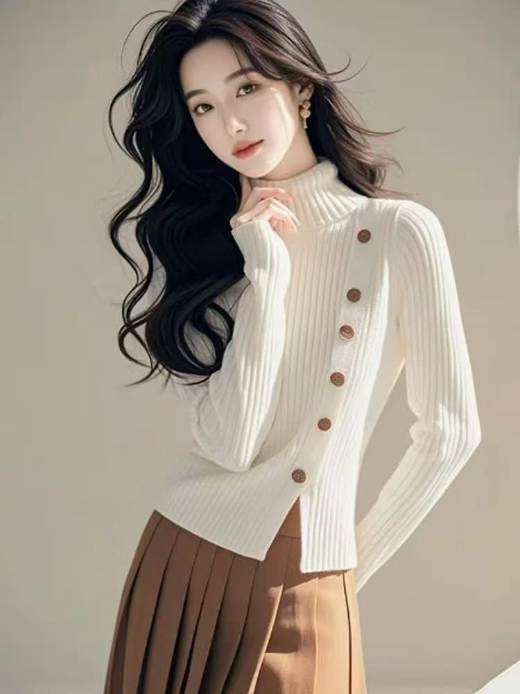 한 부서 chic 화이트 우유 fufu 터틀넥 작은 트임 니트 스웨터 여자 가을 겨울철 패션 작은 대중 Chic 맨위 상세 이미지 5
