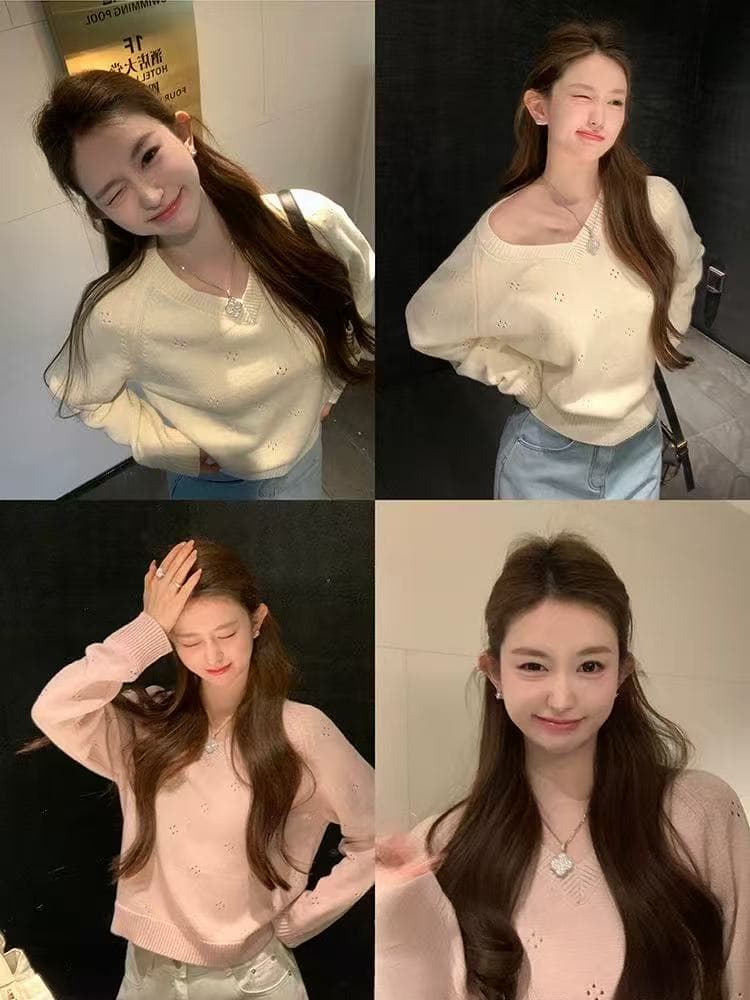 고기 마침 한 여성 일상 홀로우 아웃 V넥 단색 풀오버 니트 스웨터 여자 가을 겨울 고급 센스 외출용 쇼트 스타일 상세 이미지 2