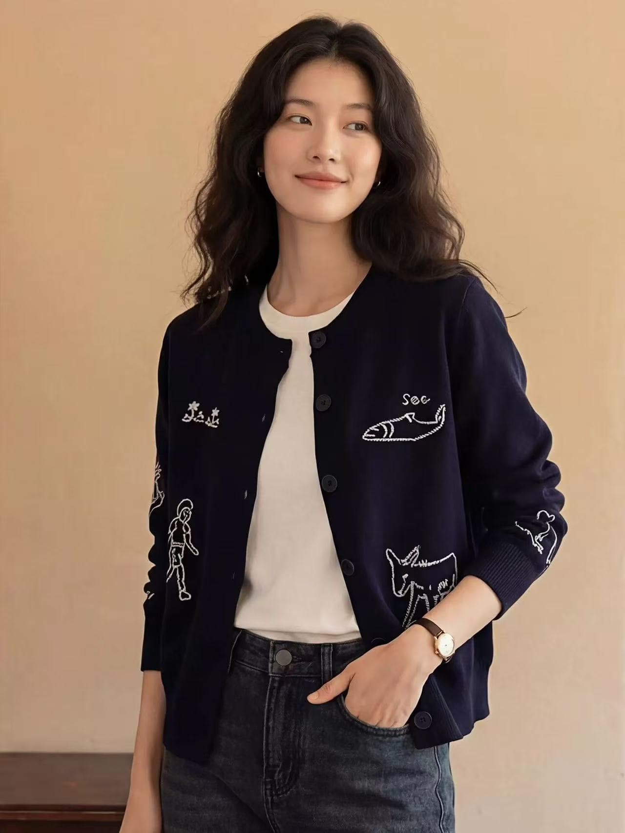 블루 색상 자수 니트 오픈 가디건 여성 2026 봄 느긋한 바람 스웨터 코트 이미지 2