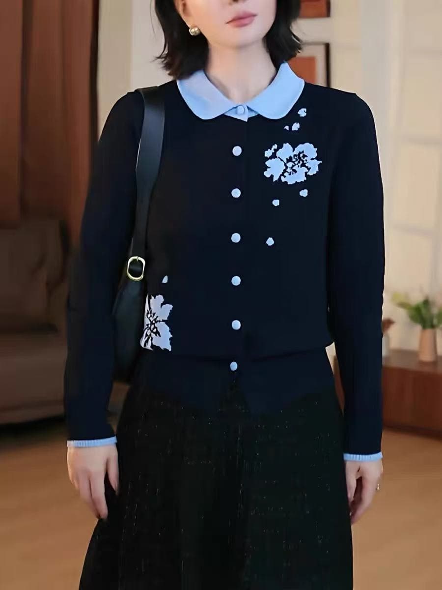 한국 스타일 배색 폴로 칼라 꽃 니트 오픈 가디건 여성 2025 가을 겨울 새로운 디자인 센스 품격 연령 감소 스웨터 맨위
