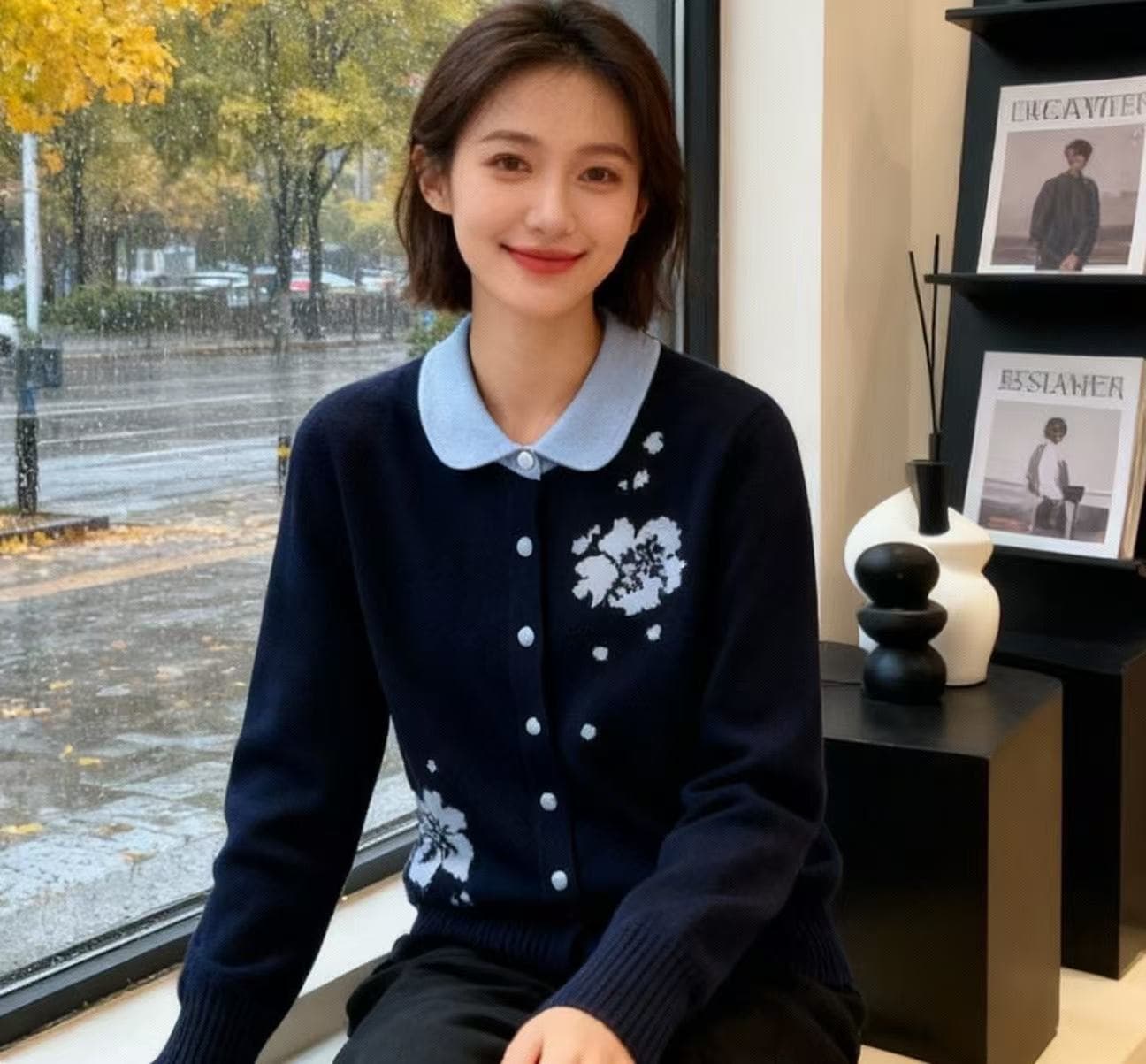 한국 스타일 배색 폴로 칼라 꽃 니트 오픈 가디건 여성 2025 가을 겨울 새로운 디자인 센스 품격 연령 감소 스웨터 맨위 이미지 3