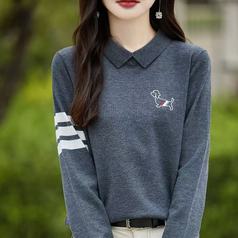 폴로 칼라 자수 강아지 셔츠 여성 2024 년 가을 고급 품격 스웨터 부드러운 찹쌀 니트 맨위 상세 이미지 5