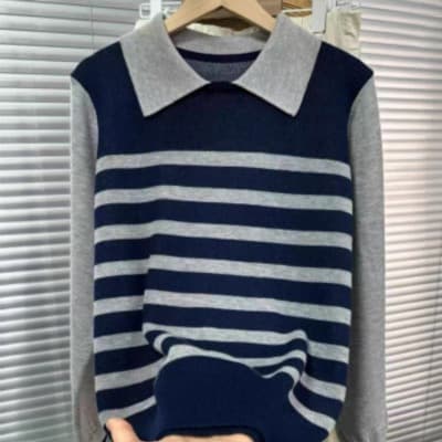 항구 바람 레트로 POLO 칼라 스트라이프 패치워크 배색 니트 스웨터 여성 겨울 새로운 작은 대중 품격 기본 셔츠 맨위