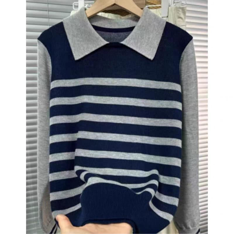 항구 바람 레트로 POLO 칼라 스트라이프 패치워크 배색 니트 스웨터 여성 겨울 새로운 작은 대중 품격 기본 셔츠 맨위 상세 이미지 1
