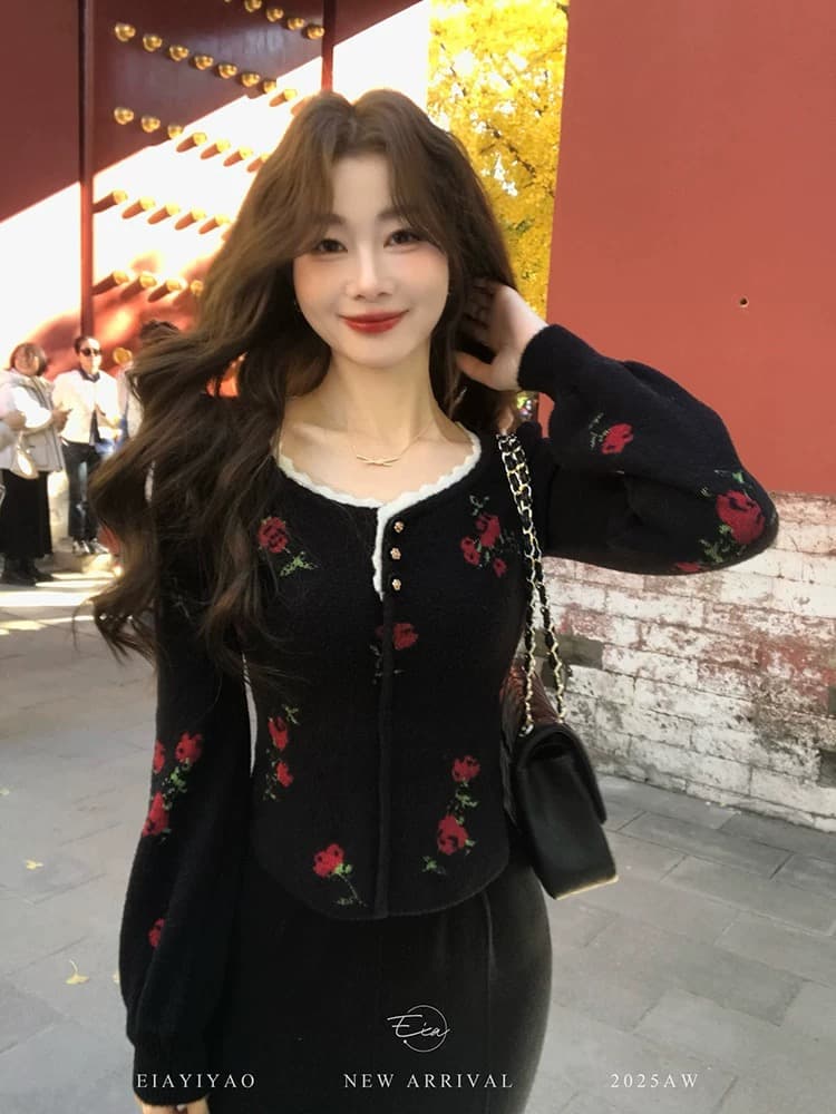 eia 하나 야오 Na 넥타이 사설 서비스 look 품격 털 니트 스웨터 맨위 여성 겨울 레트로 슬림해 보이는 장미 스웨터 상세 이미지 2