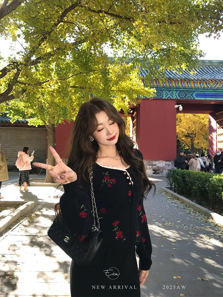 eia 하나 야오 Na 넥타이 사설 서비스 look 품격 털 니트 스웨터 맨위 여성 겨울 레트로 슬림해 보이는 장미 스웨터 상세 이미지 3