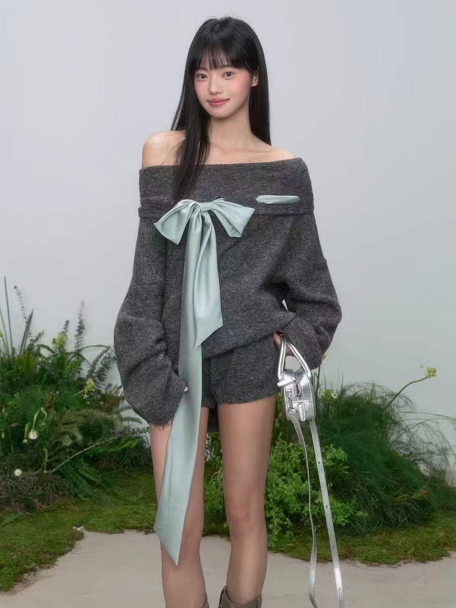 soote season 오리지널 오프숄더 나비 매듭 리본 신축성 니트 분위기 센스 맨위 투피스 세트 바지 이미지 4