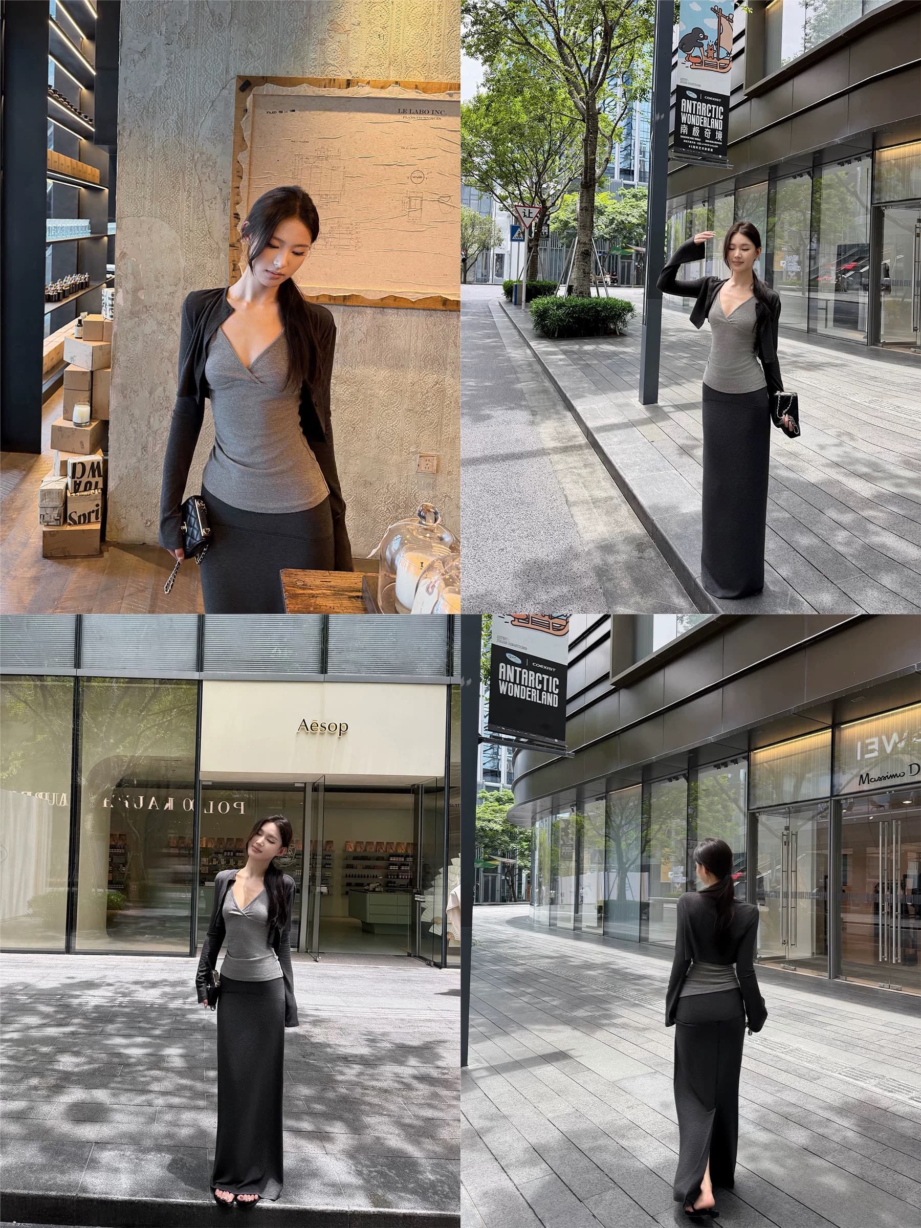 5werkwen cozy 비스듬한 수리 스택 세트 그룹 부드러운 좋은 비율 짧은 오픈 가디건 슬립 스트레이트 반 스커트 3종 세트 이미지 4