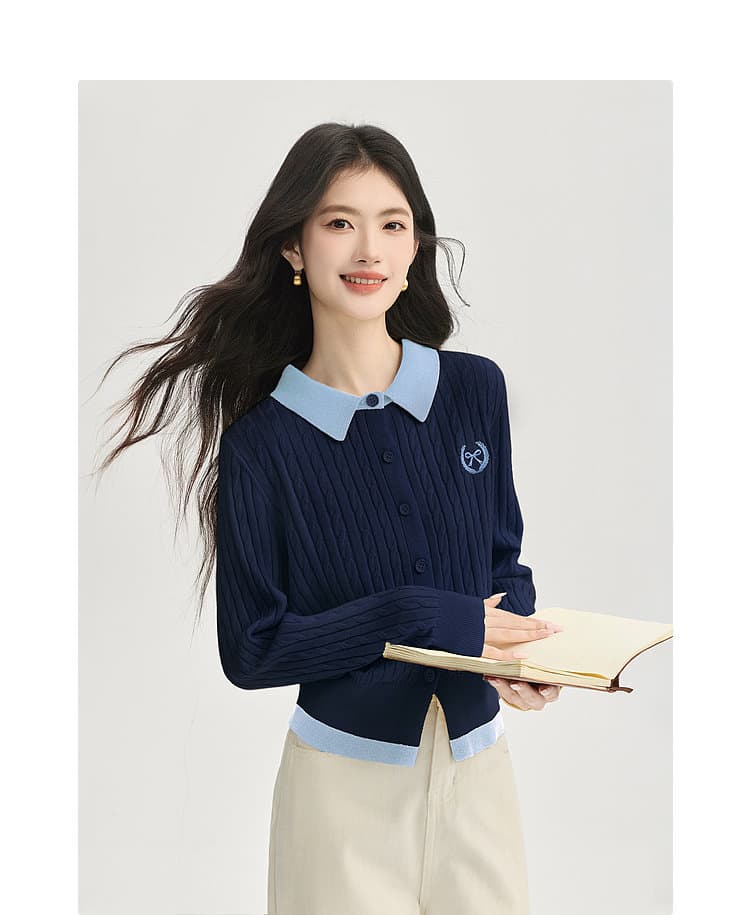 품격 페이크 레이어드 회색 트위스트 꽃 모직물 니트 오픈 가디건 이른 가을 새로운 학원 스타일 polo 폴로 칼라 맨위 여성 의류 이미지 2