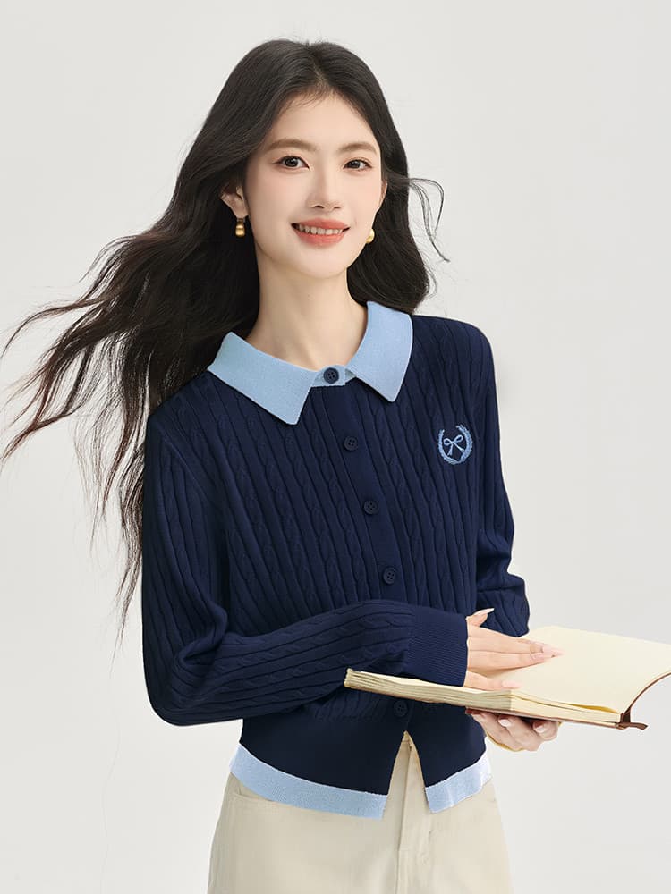 품격 페이크 레이어드 회색 트위스트 꽃 모직물 니트 오픈 가디건 이른 가을 새로운 학원 스타일 polo 폴로 칼라 맨위 여성 의류 상세 이미지 1