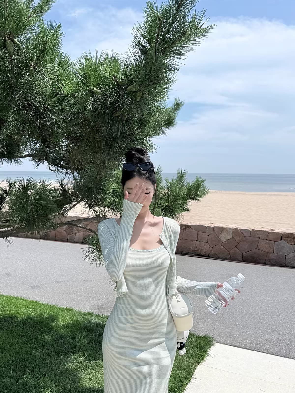 laareetoo 핀 스트라이프 긴팔 쇼트 스타일 오픈 가디건 여성 슬림해 보이는 맨위 슬립 드레스 가을 세트 상세 이미지 3