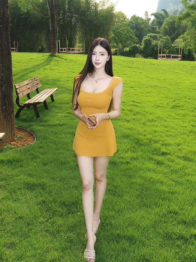 fart shop 심황 순수한 색 욕망 바람 품격 드레스 몸매 가꾸기 슬림해 보이는 아메리칸 달콤한 매운맛 꼬집기 허리 치마 상세 이미지 6