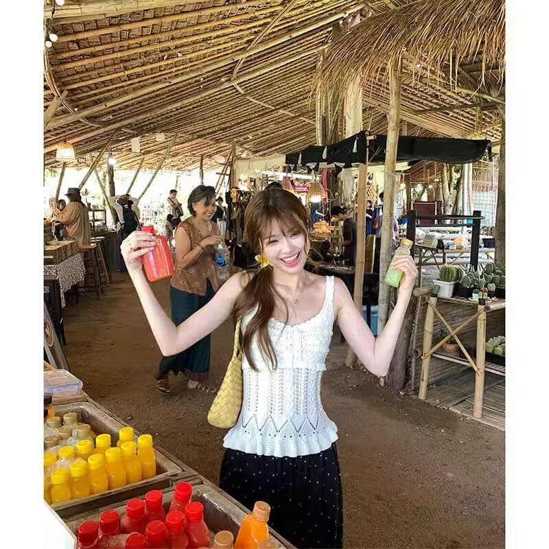im ~까지 초여름 사소한 무거운 작업 홀로우 아웃 자수 프릴 민소매 조끼 휴일 센스 니트 슬립 맨위 상세 이미지 2