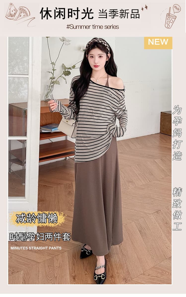 실사 임산부 봄 새로운 패션 캐주얼 스트라이프 자외선 차단 긴팔 티셔츠 슬립 드레스 상세 이미지 1