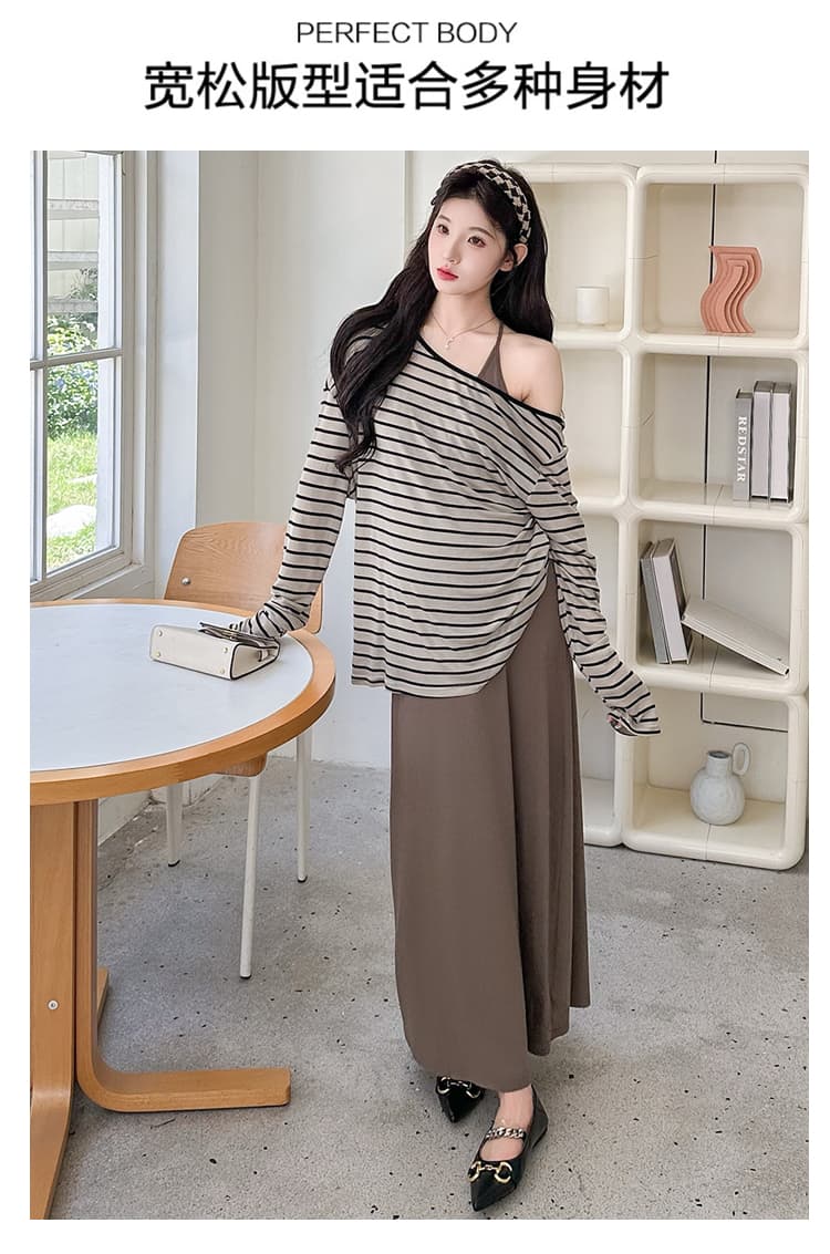 실사 임산부 봄 새로운 패션 캐주얼 스트라이프 자외선 차단 긴팔 티셔츠 슬립 드레스 상세 이미지 6