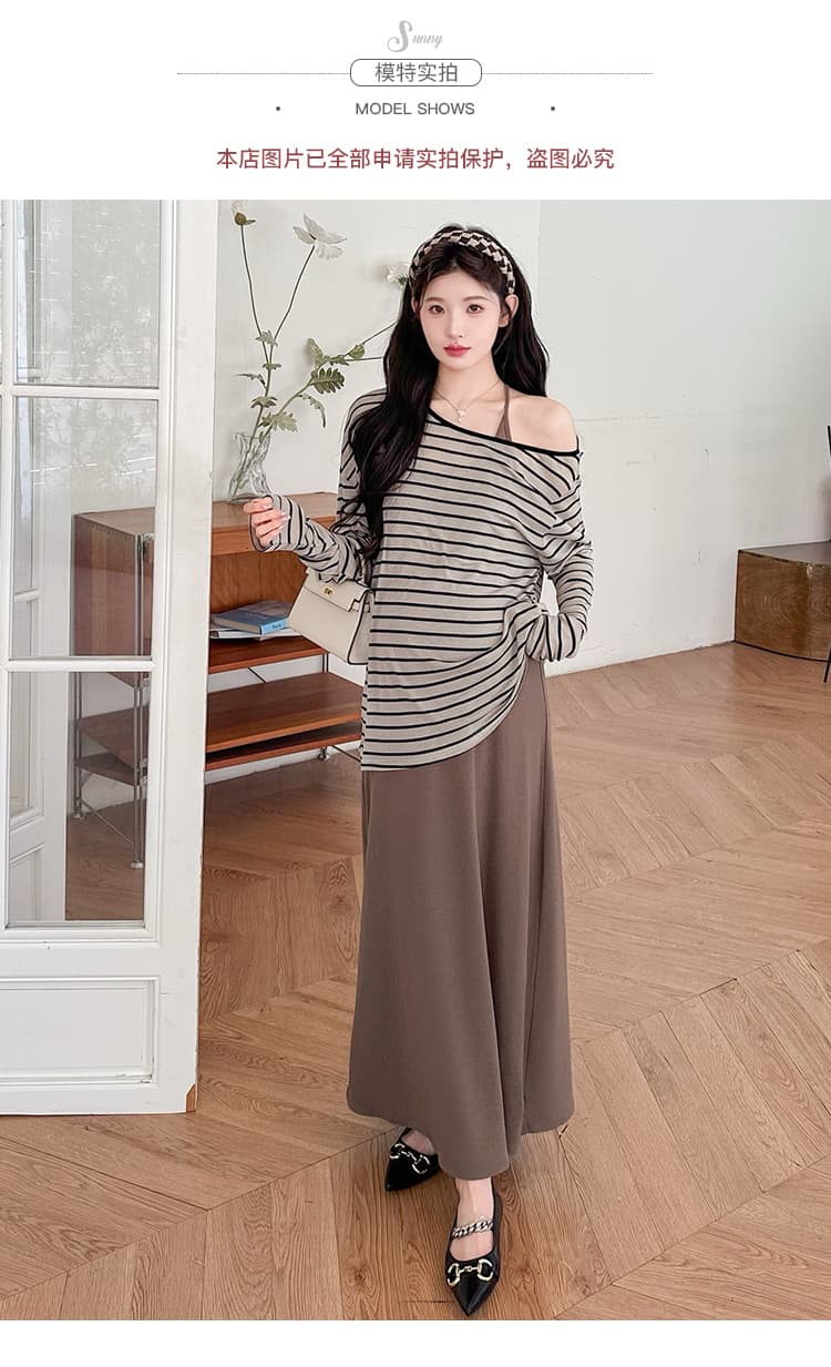 실사 임산부 봄 새로운 패션 캐주얼 스트라이프 자외선 차단 긴팔 티셔츠 슬립 드레스 상세 이미지 10