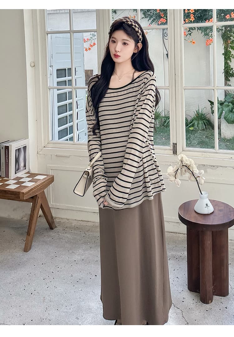 실사 임산부 봄 새로운 패션 캐주얼 스트라이프 자외선 차단 긴팔 티셔츠 슬립 드레스 상세 이미지 19