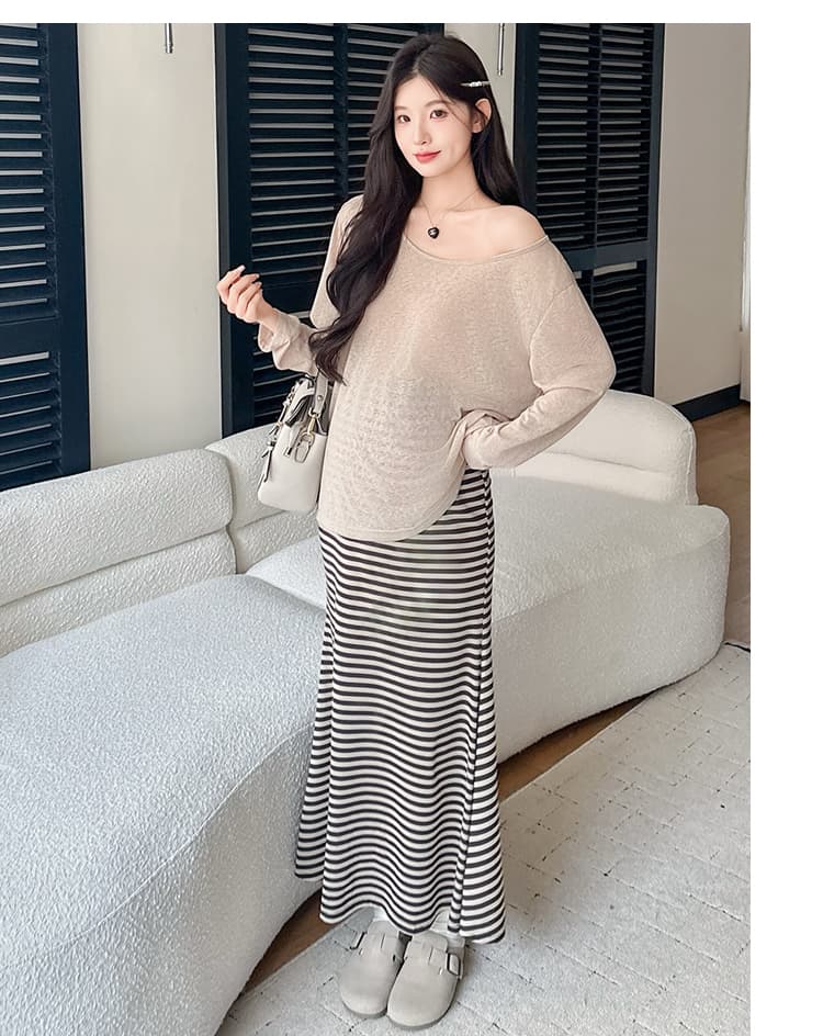 실사 이른 가을 새로운 느긋한 바람 자외선 차단 맨위 스트라이프 반신 치마 세트 상세 이미지 12