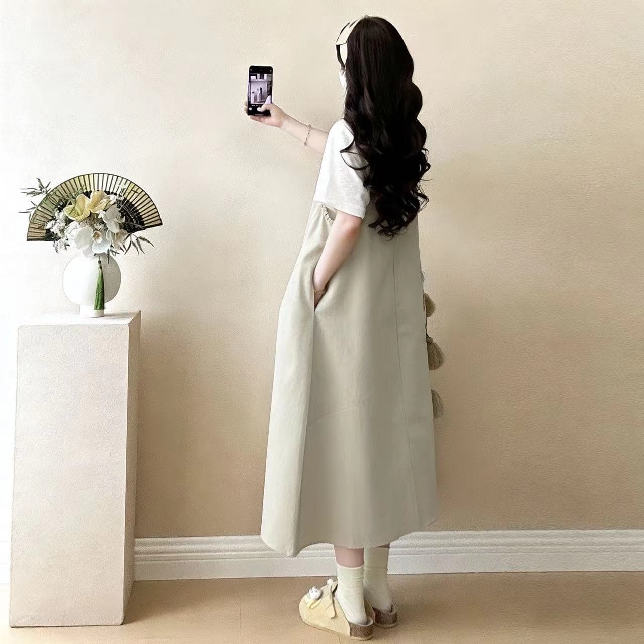 실사 물품 출산 착용 여름 드레스 2026 새로운 세트 시간 아직도 느낌 슬립 드레스 반팔 맨위 투피스 세트 상세 이미지 12