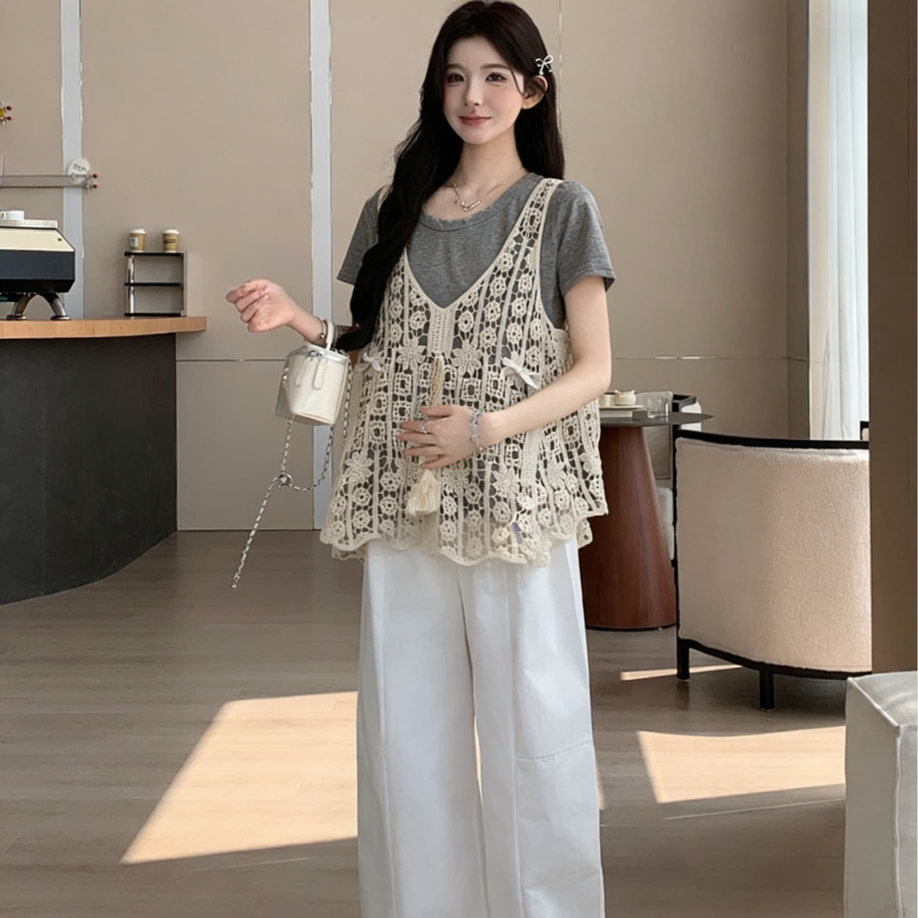 실사 물품 임산부 나비 매듭 레이스 자수 홀로우 아웃 조끼 라운드 넥 반팔 티셔츠 투피스 세트 휴식 바지 이미지 4