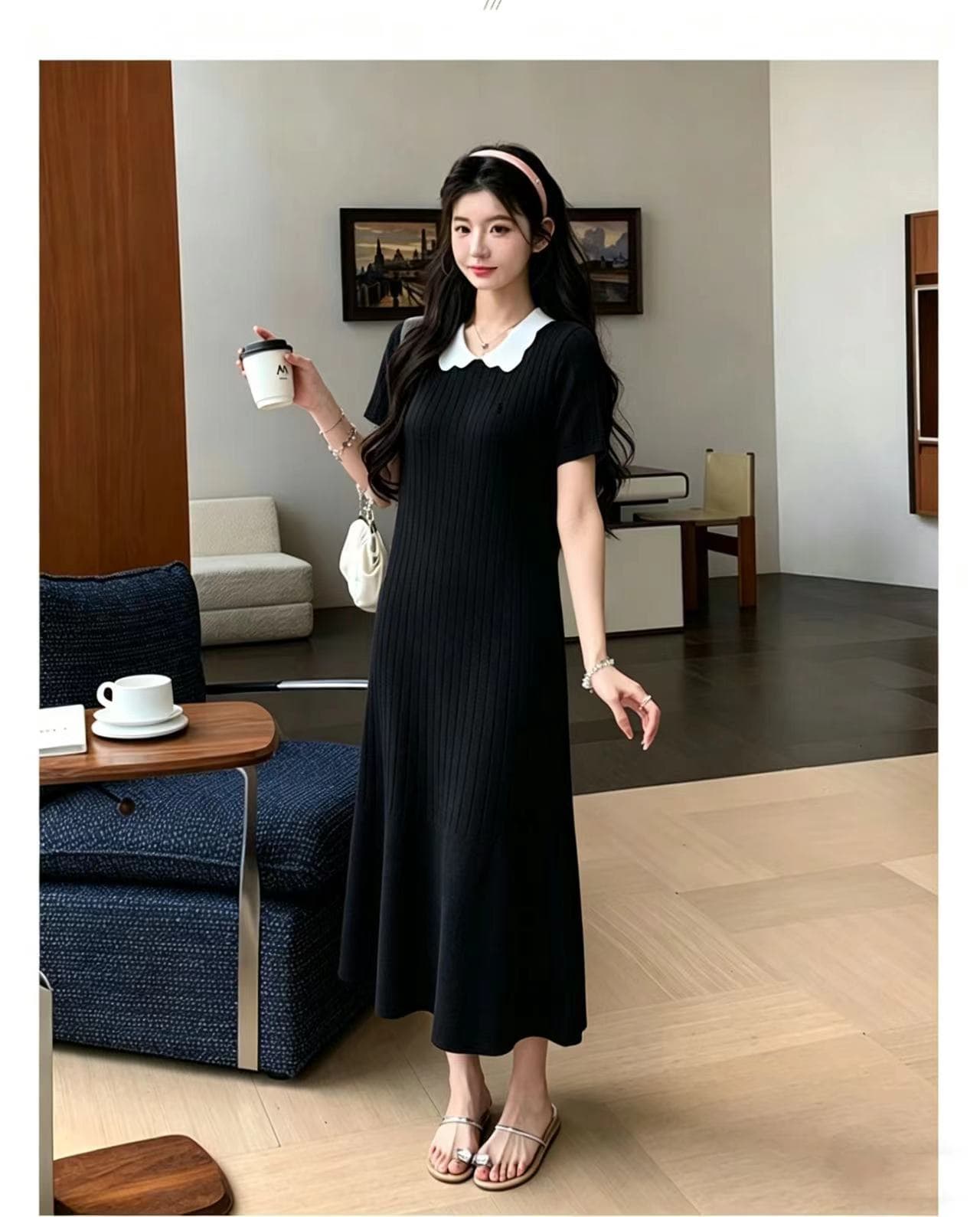 실사 물품 블루 회색 미학 출산 착용 봄 여름 드레스 신제품 폴로 칼라 슬림해 보이는 캐주얼 반팔 롱 코트 드레스 상세 이미지 2