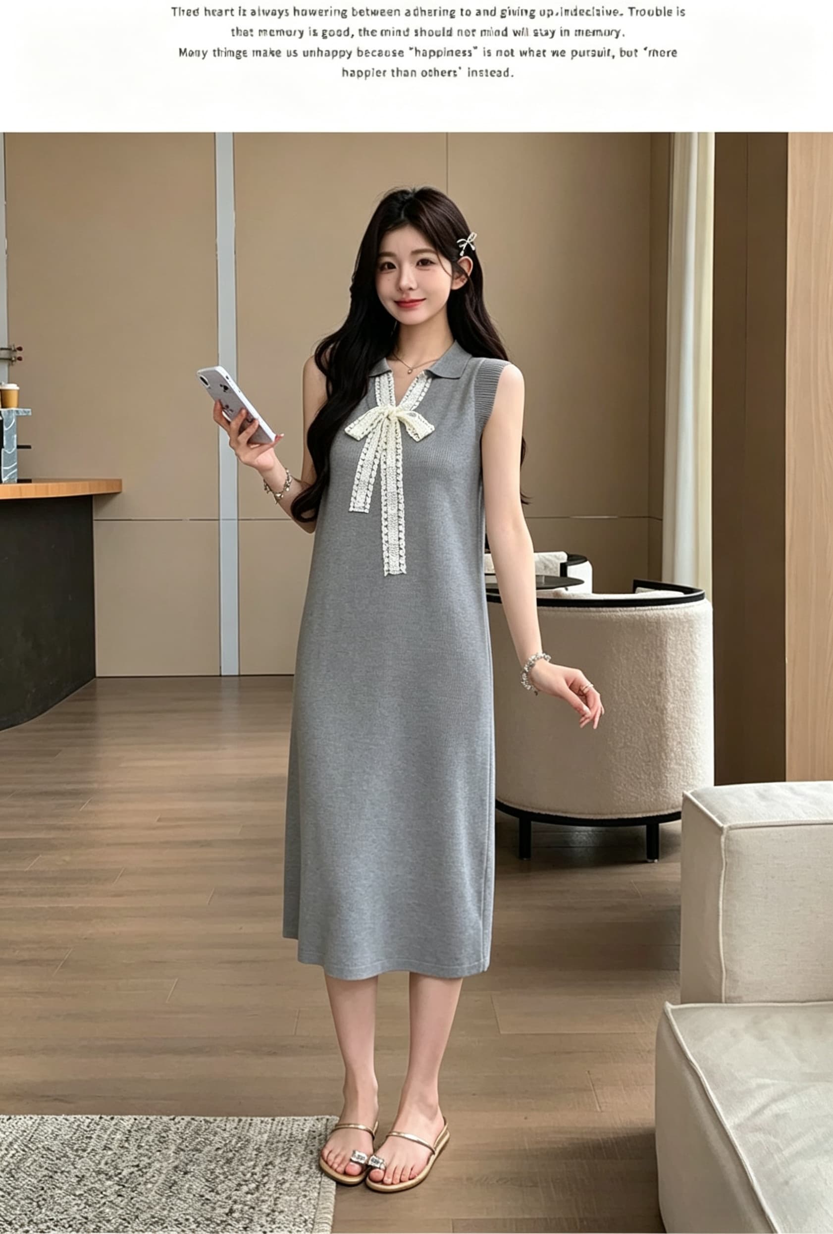 실사 물품 고급 센스 출산 착용 2026 새로운 나비 매듭 여름 캐주얼 느긋한 바람 니트 드레스 상세 이미지 16
