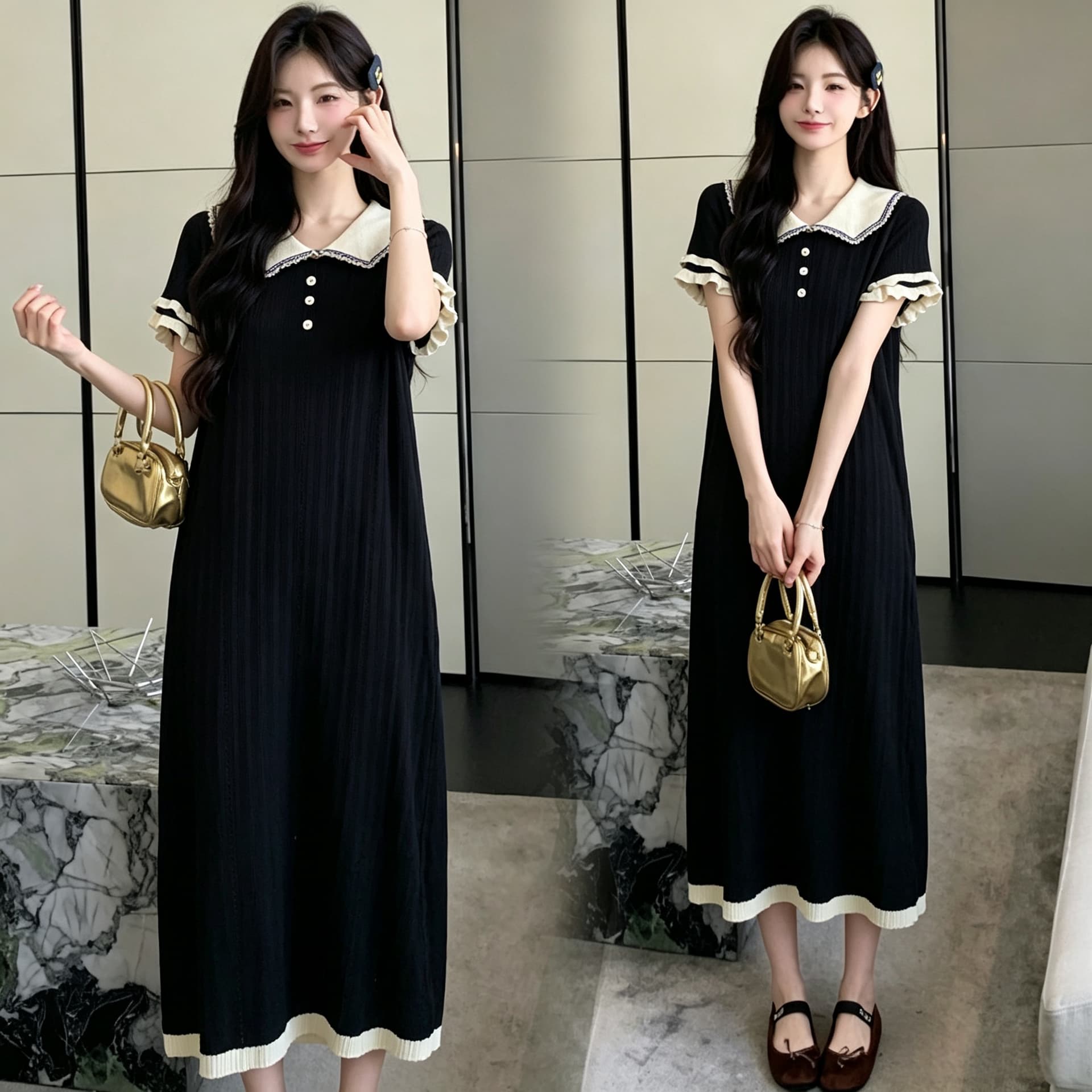 실사 물품 임산부 달콤한 스타일 레이스 베이비 칼라 반팔 귀여운 니트 여성 드레스 여름 새로운 연령 감소 이미지 4
