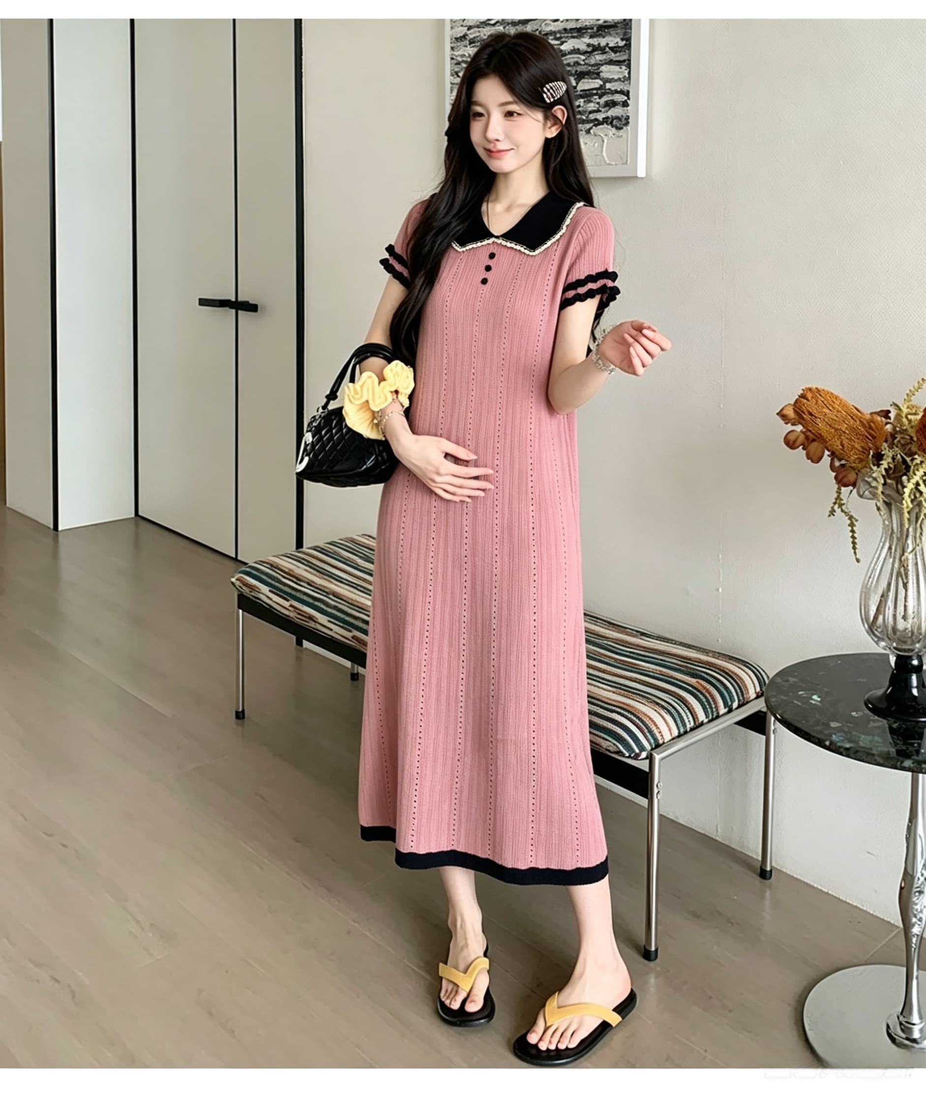 실사 물품 임산부 달콤한 스타일 레이스 베이비 칼라 반팔 귀여운 니트 여성 드레스 여름 새로운 연령 감소 상세 이미지 3