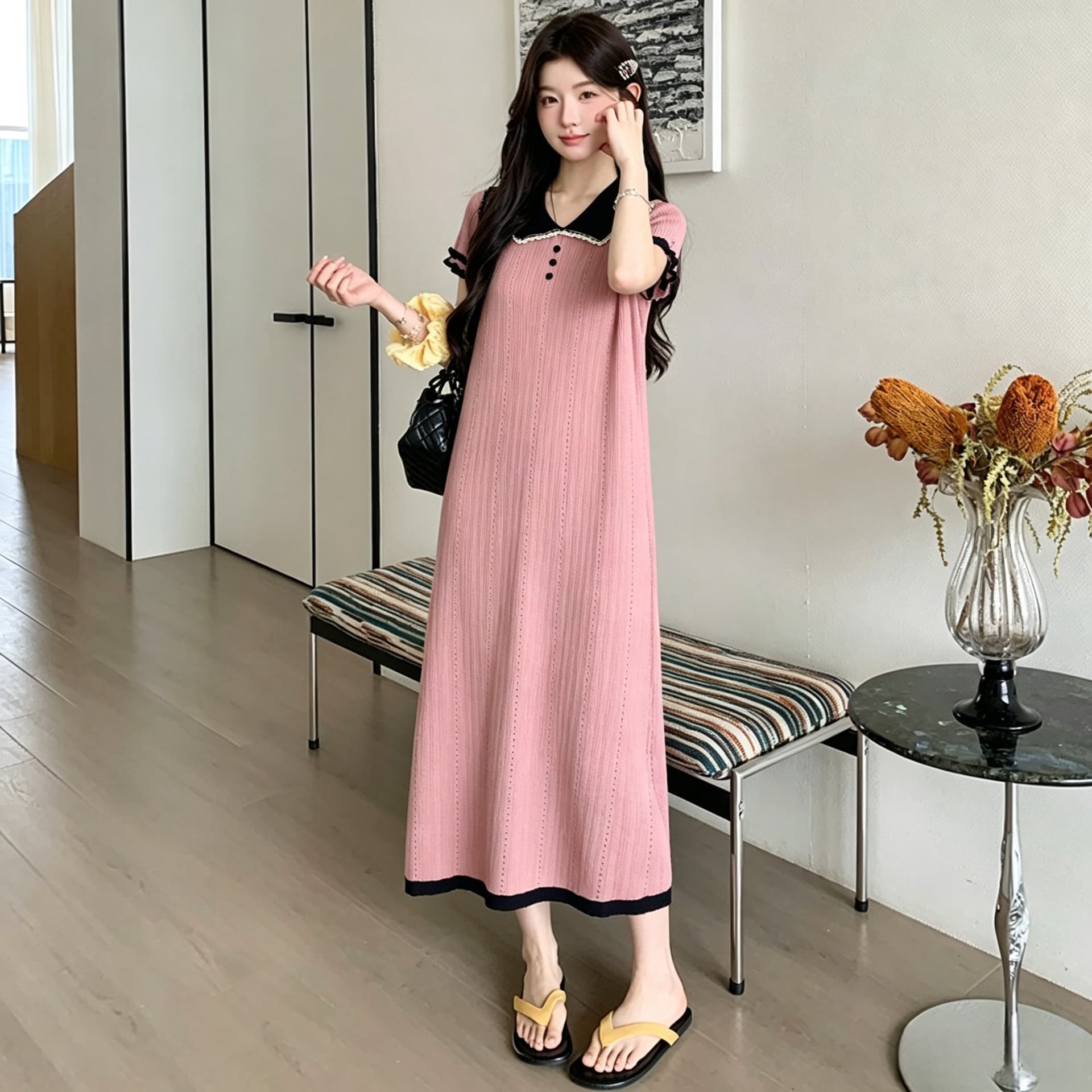 실사 물품 임산부 달콤한 스타일 레이스 베이비 칼라 반팔 귀여운 니트 여성 드레스 여름 새로운 연령 감소 상세 이미지 8