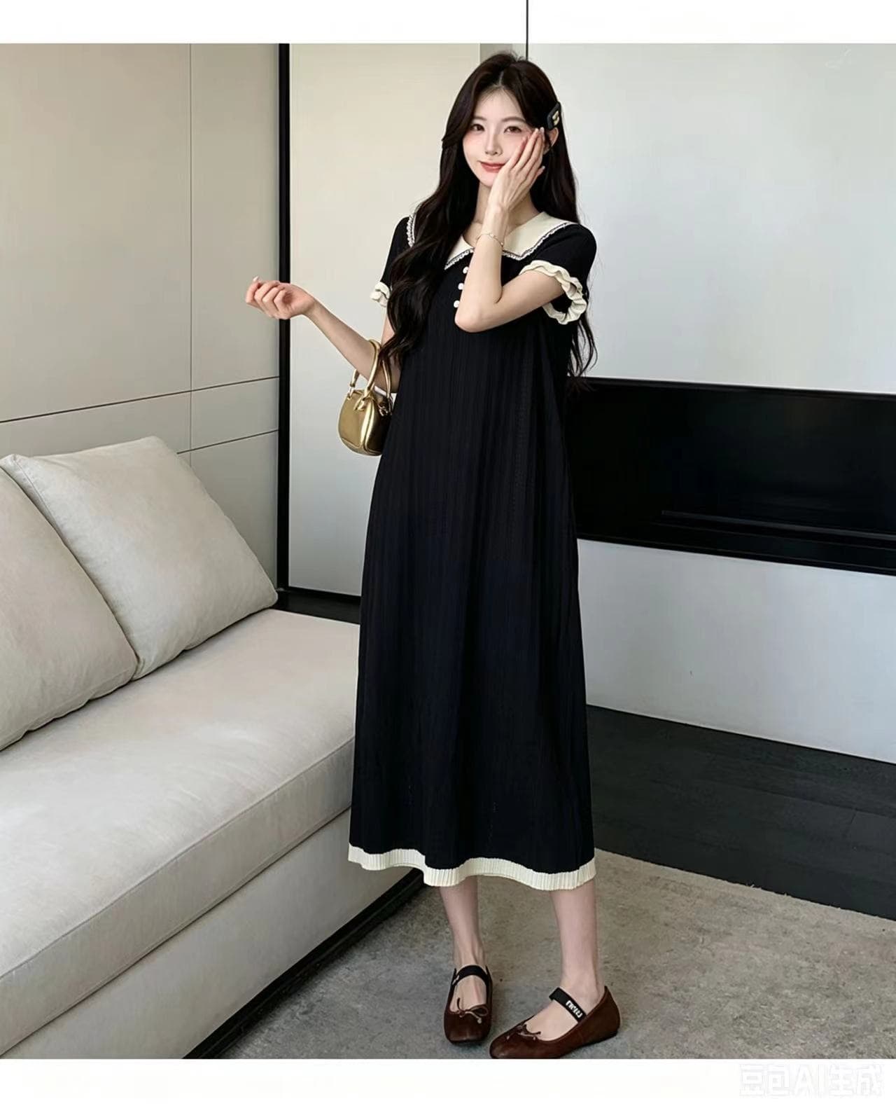 실사 물품 임산부 달콤한 스타일 레이스 베이비 칼라 반팔 귀여운 니트 여성 드레스 여름 새로운 연령 감소 상세 이미지 31