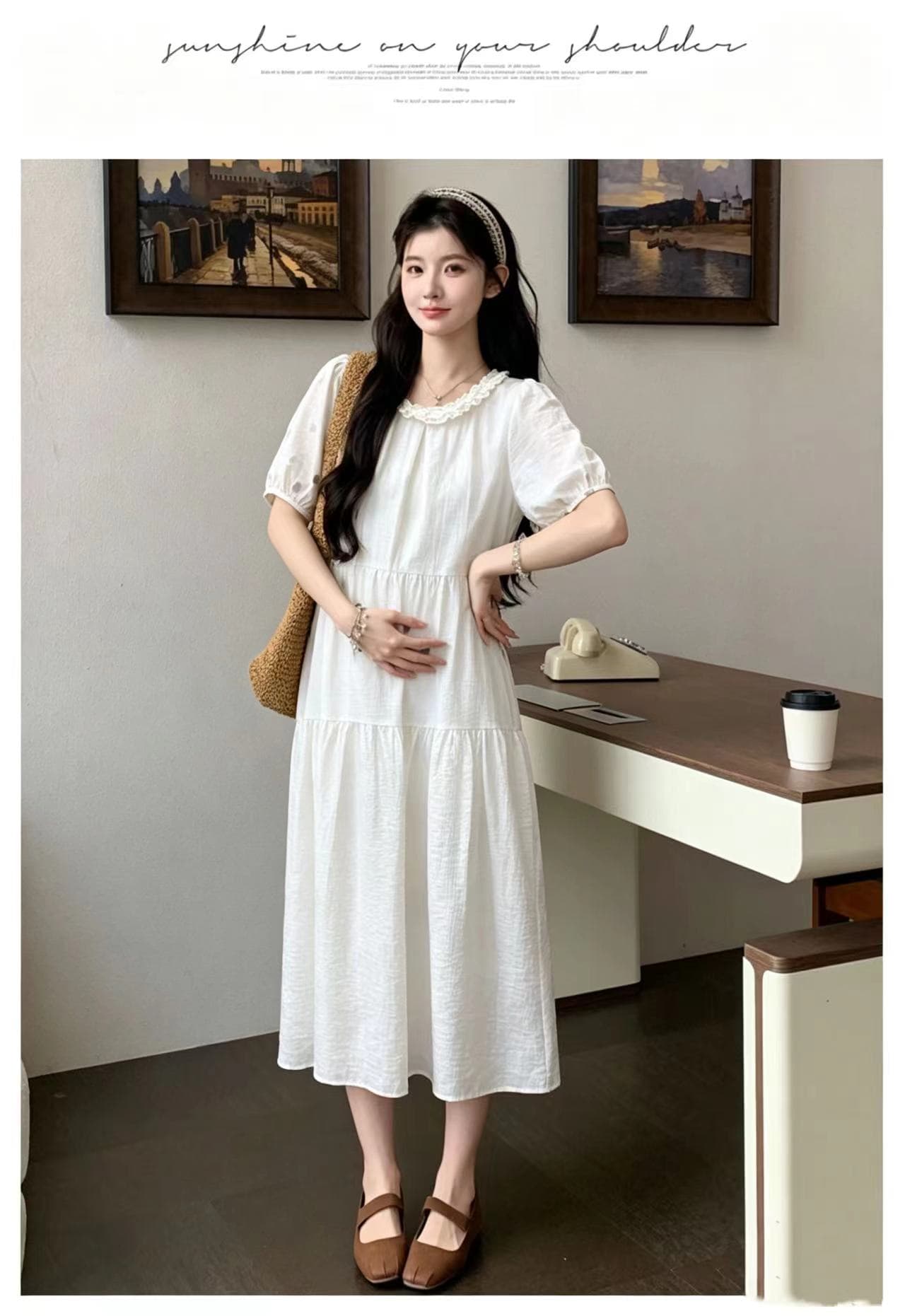 실사 물품 출산 착용 여름 단색 프릴 미니멀리즘 품격 롱 코트 드레스 상세 이미지 14