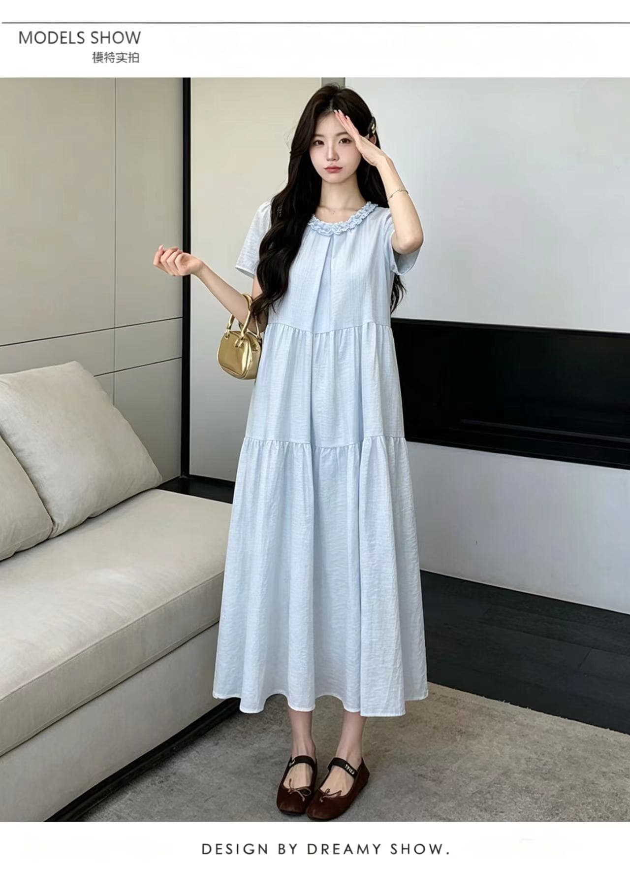 실사 물품 출산 착용 여름 단색 프릴 미니멀리즘 품격 롱 코트 드레스 상세 이미지 18