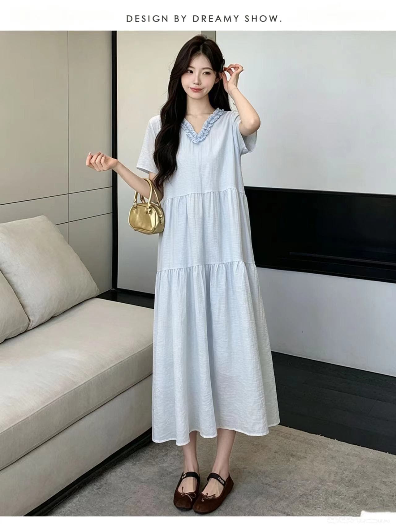 실사 물품 출산 착용 여름 단색 프릴 미니멀리즘 품격 롱 코트 드레스 상세 이미지 22