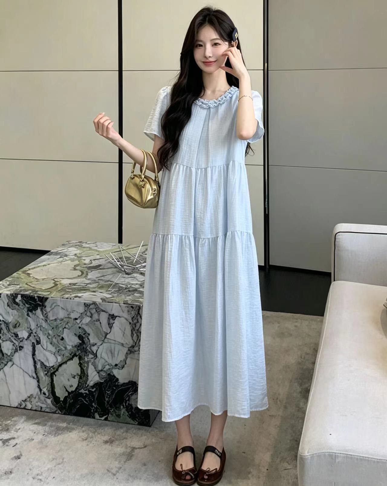 실사 물품 출산 착용 여름 단색 프릴 미니멀리즘 품격 롱 코트 드레스 상세 이미지 23