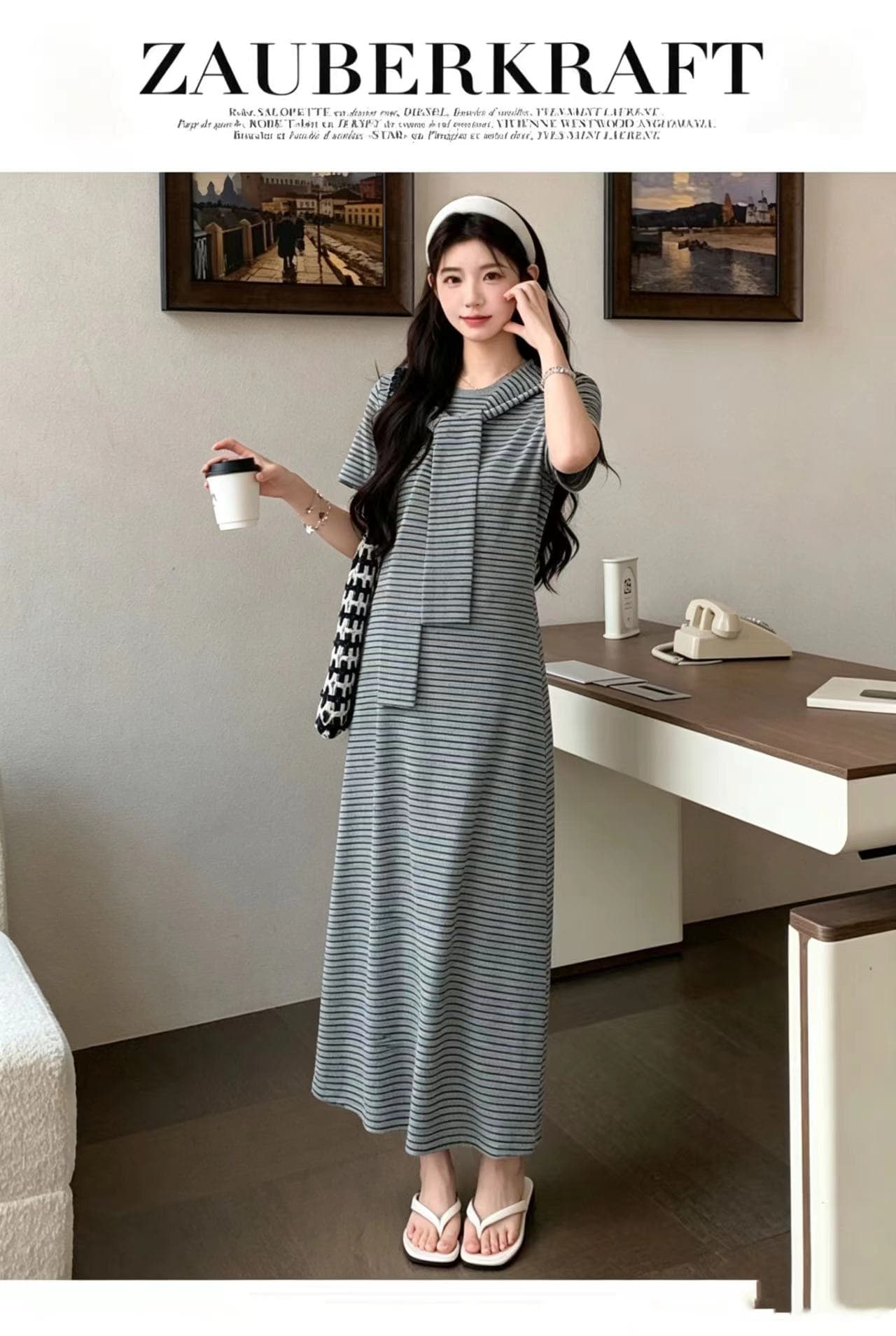 실사 지금 지금 출산 착용 여름 패션 섹션 라운드 넥 배색 스트라이프 니트 드레스 코디 숄 상세 이미지 1