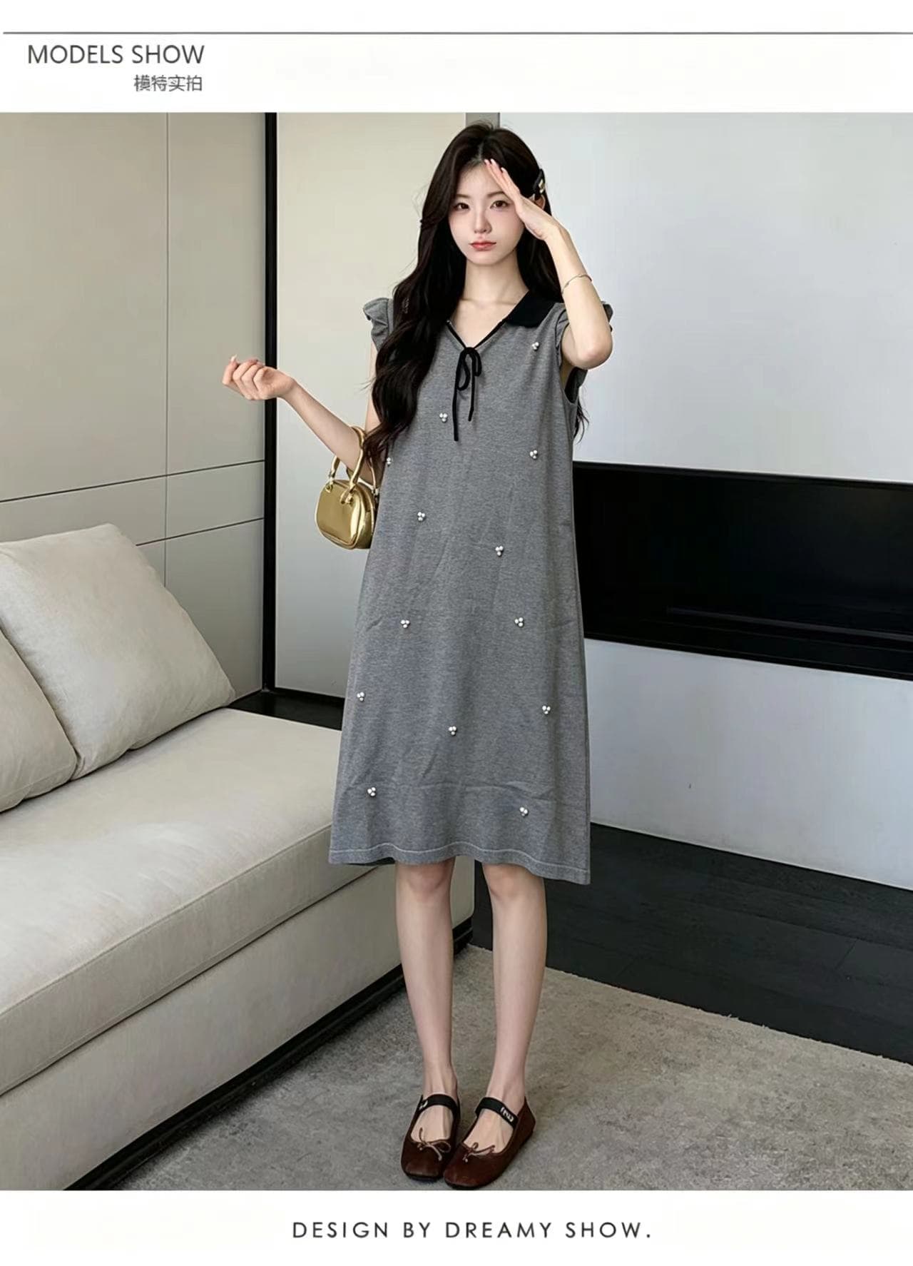 실사 지금 지금 임산부 여름 새로운 천 금빛 바람 베이비 칼라 Feifei 소매 비즈 박기 레이스업 연령 감소 품격 중간 길이 스커트 상세 이미지 2
