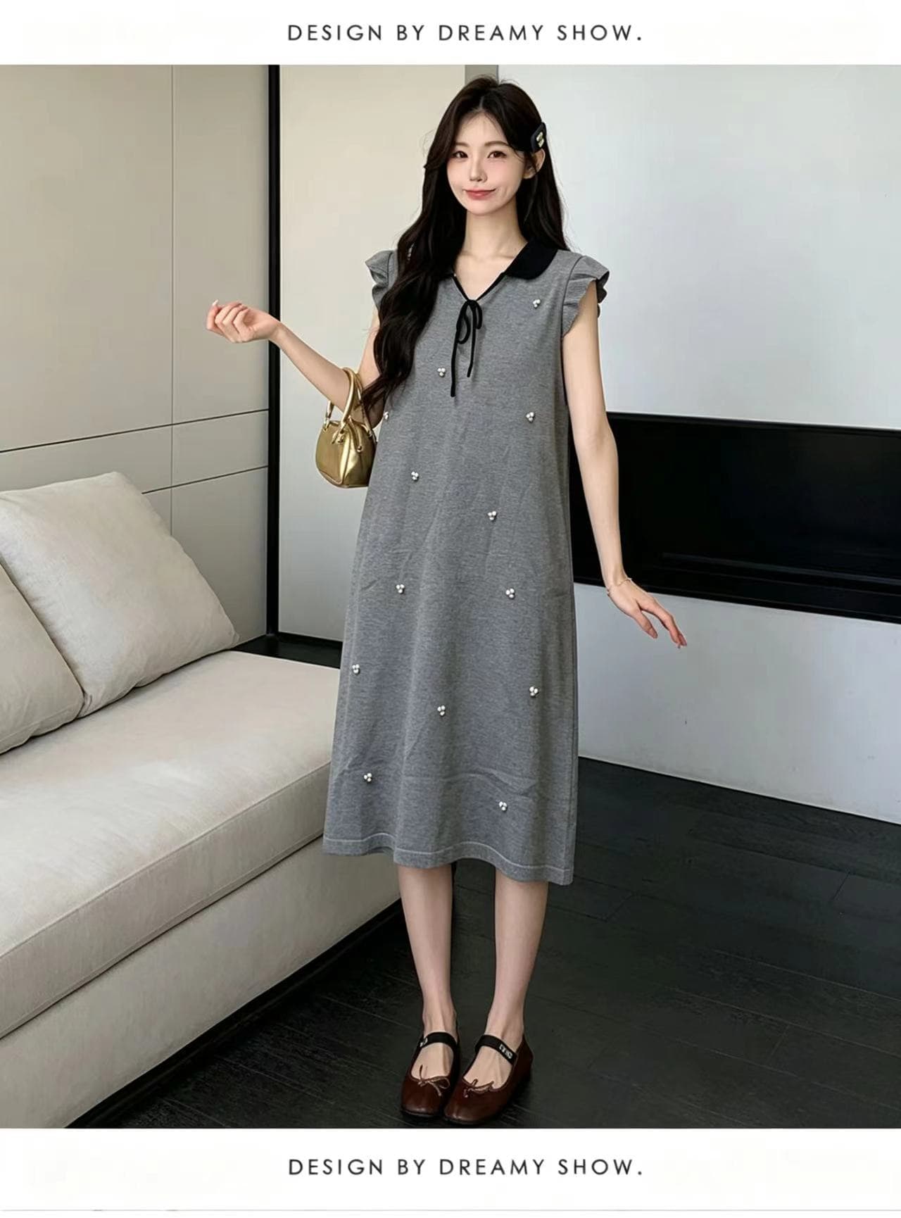 실사 지금 지금 임산부 여름 새로운 천 금빛 바람 베이비 칼라 Feifei 소매 비즈 박기 레이스업 연령 감소 품격 중간 길이 스커트 상세 이미지 4