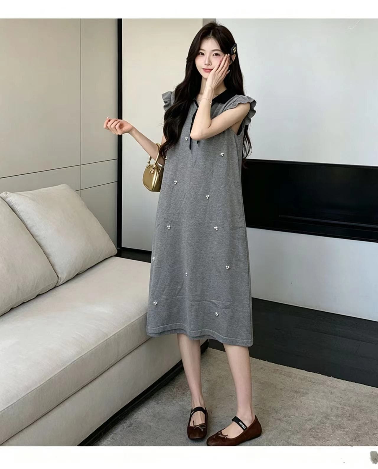 실사 지금 지금 임산부 여름 새로운 천 금빛 바람 베이비 칼라 Feifei 소매 비즈 박기 레이스업 연령 감소 품격 중간 길이 스커트 상세 이미지 7
