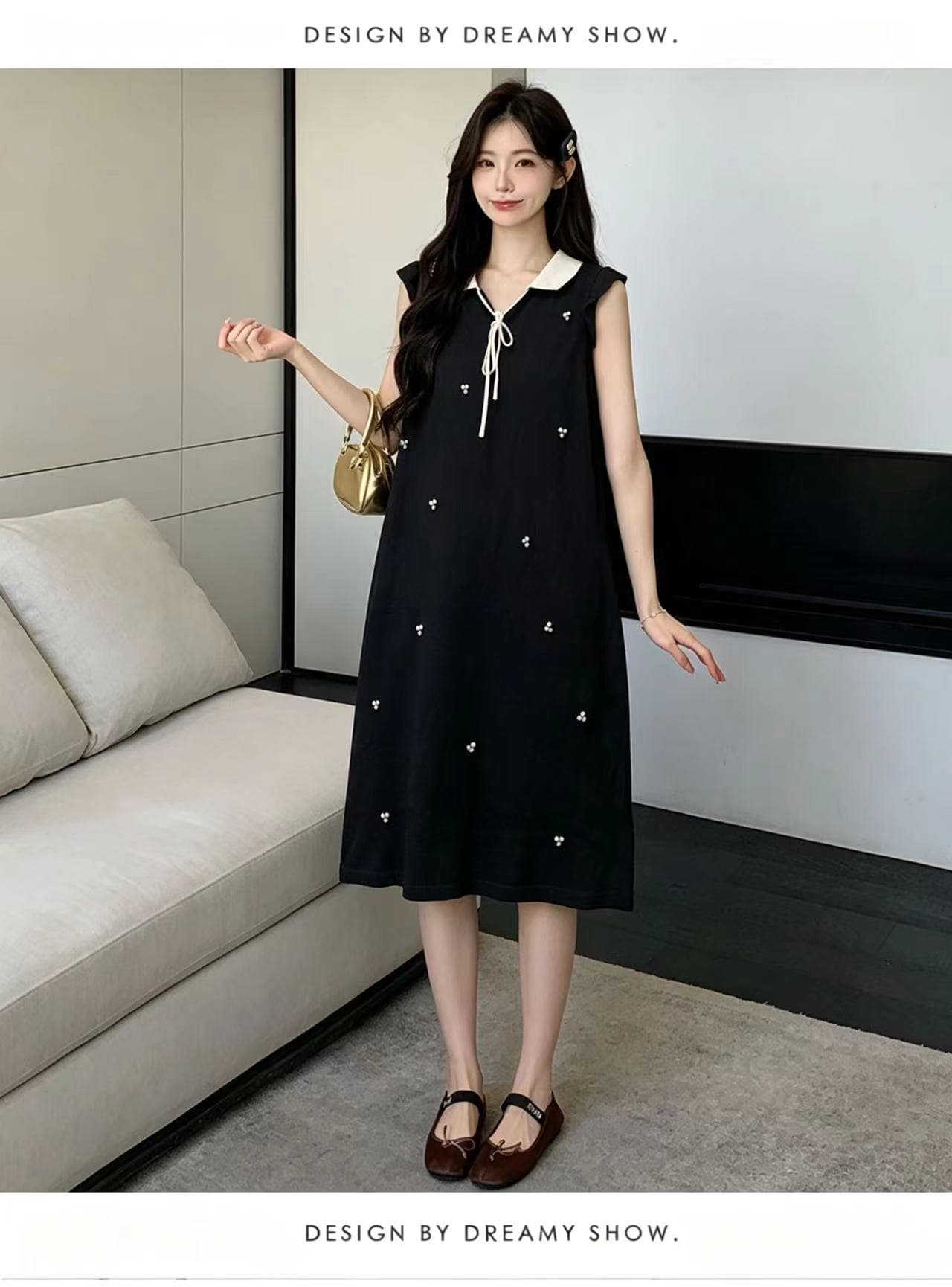 실사 지금 지금 임산부 여름 새로운 천 금빛 바람 베이비 칼라 Feifei 소매 비즈 박기 레이스업 연령 감소 품격 중간 길이 스커트 상세 이미지 15