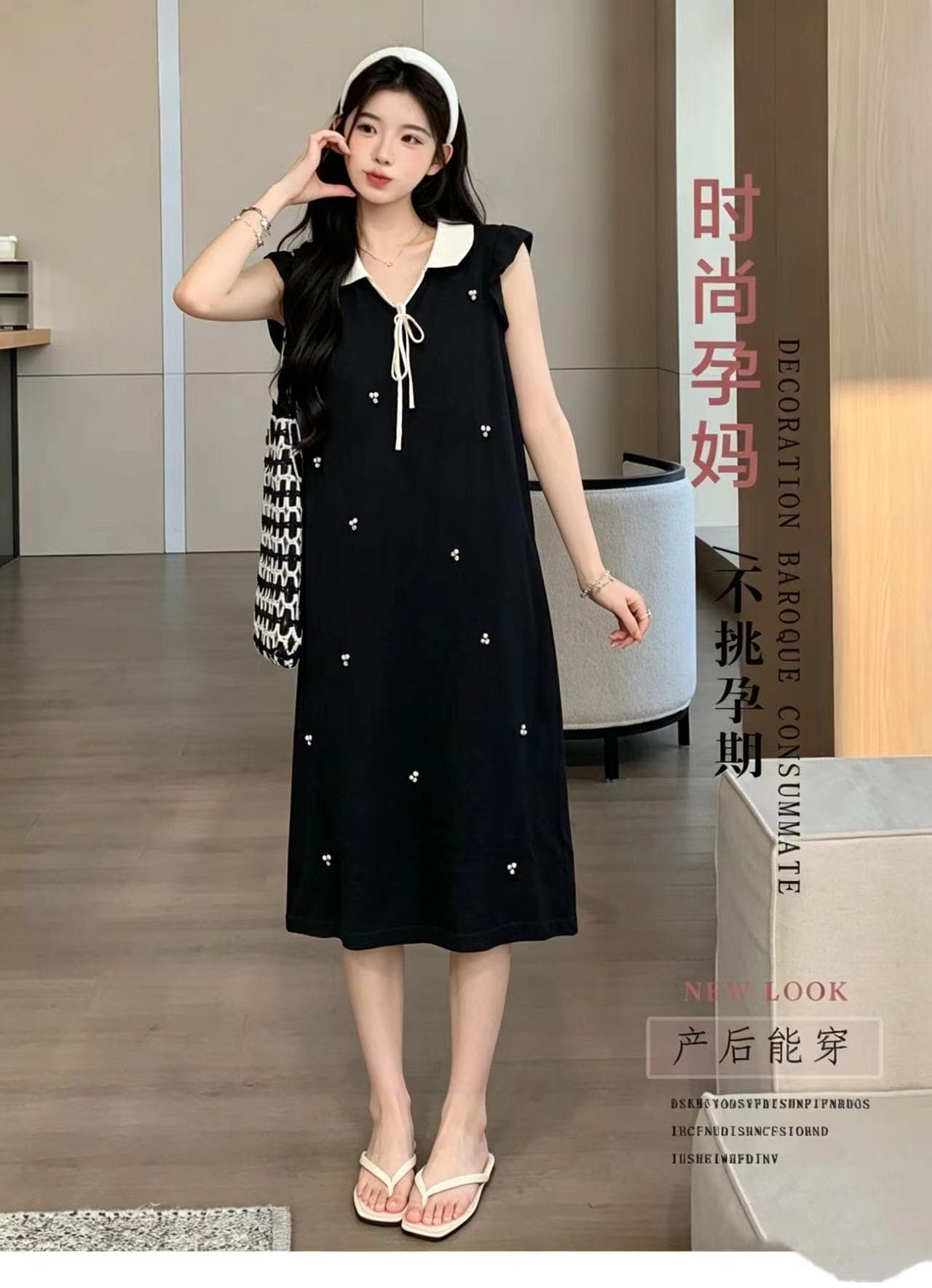 실사 지금 지금 임산부 여름 새로운 천 금빛 바람 베이비 칼라 Feifei 소매 비즈 박기 레이스업 연령 감소 품격 중간 길이 스커트 상세 이미지 16