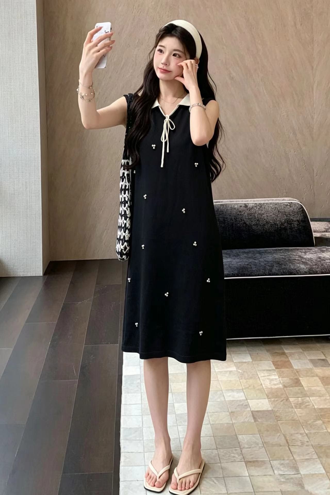 실사 지금 지금 임산부 여름 새로운 천 금빛 바람 베이비 칼라 Feifei 소매 비즈 박기 레이스업 연령 감소 품격 중간 길이 스커트 상세 이미지 17