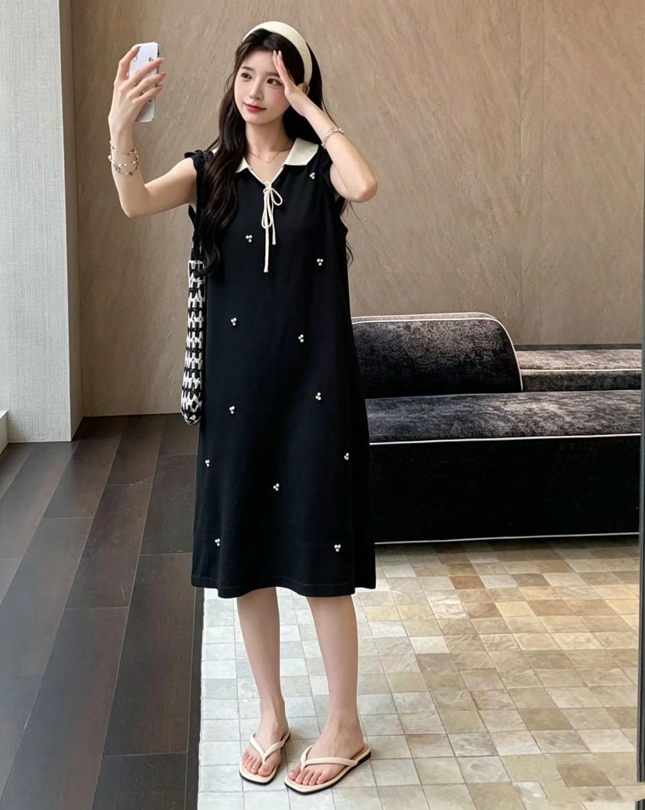 실사 지금 지금 임산부 여름 새로운 천 금빛 바람 베이비 칼라 Feifei 소매 비즈 박기 레이스업 연령 감소 품격 중간 길이 스커트 상세 이미지 18