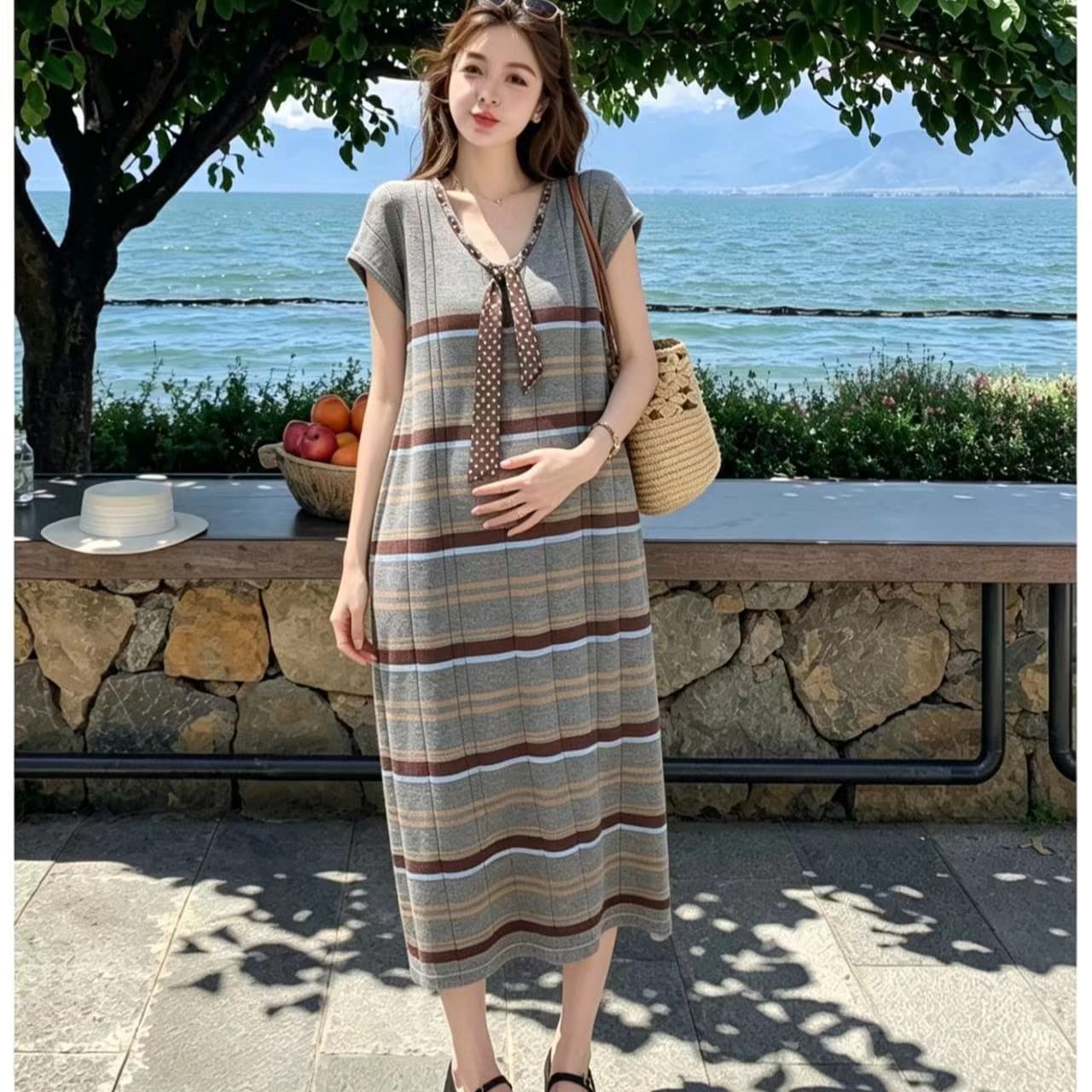 실사 지금 지금 출산 착용 2026 여름 새로운 문예 디자인 센스 니트 얼음 실크 스트라이프 리본 드레스 이미지 2